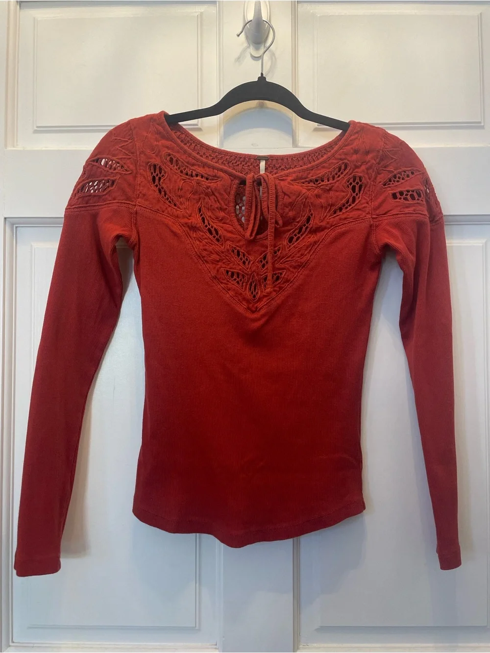 Free People Burnt Orange Long Sleeve Lace-Detail Ribbed Cotton Knit Keyhole Top